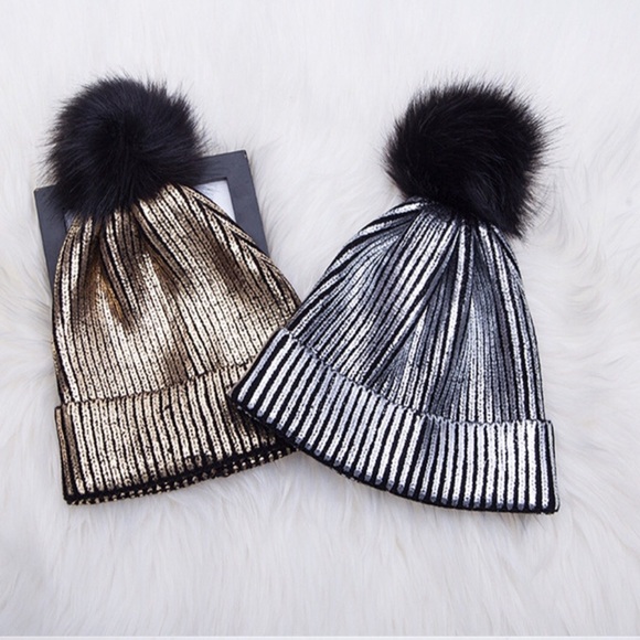 SALE! Gold Metallic Stripe Pom Pom Beanies - Picture 7 of 7